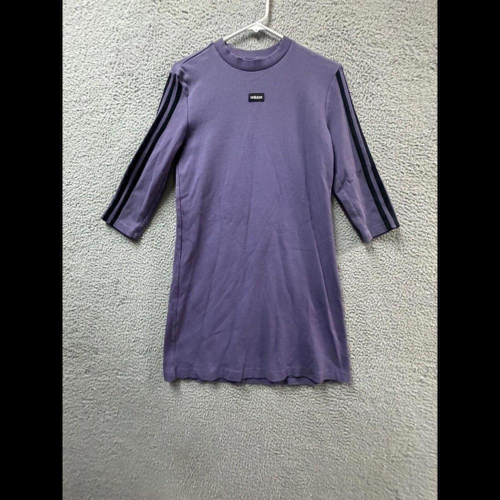 Adidas Bodycon Dress Womens Youth Small Purple Black 3/4 Sleeve 3 Stripes